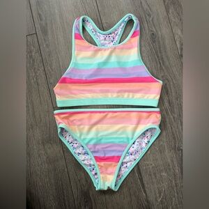 Eddie Bauer Pastel Rainbow &Mint Girls Youth 10/12 Two-Piece Swimsuit Reversible